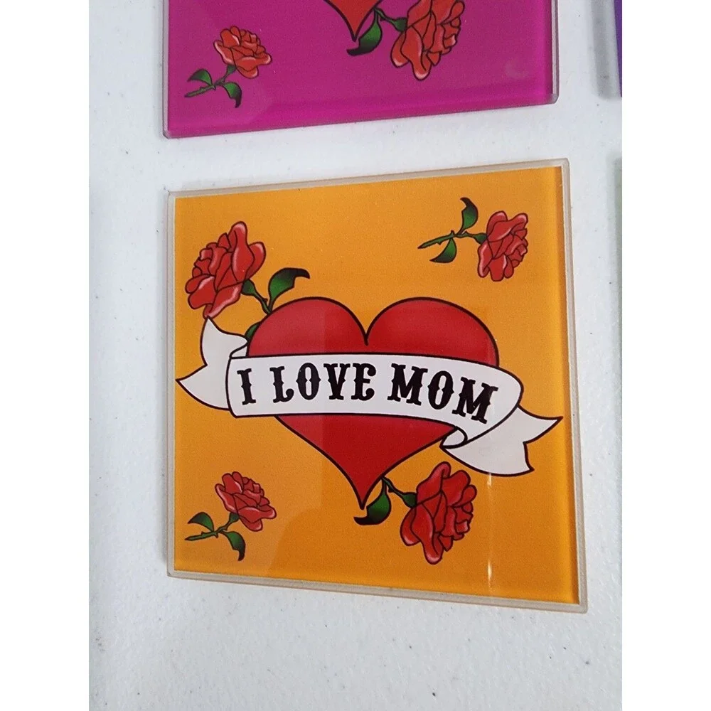 Mothers Day Gift I Love Mom Glass Coasters Hearts Roses Set Of 4 W/Case TMD